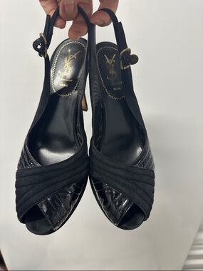 Saint Laurent Black Quilted Slingback Peep-Toe Heels with Gold Logo